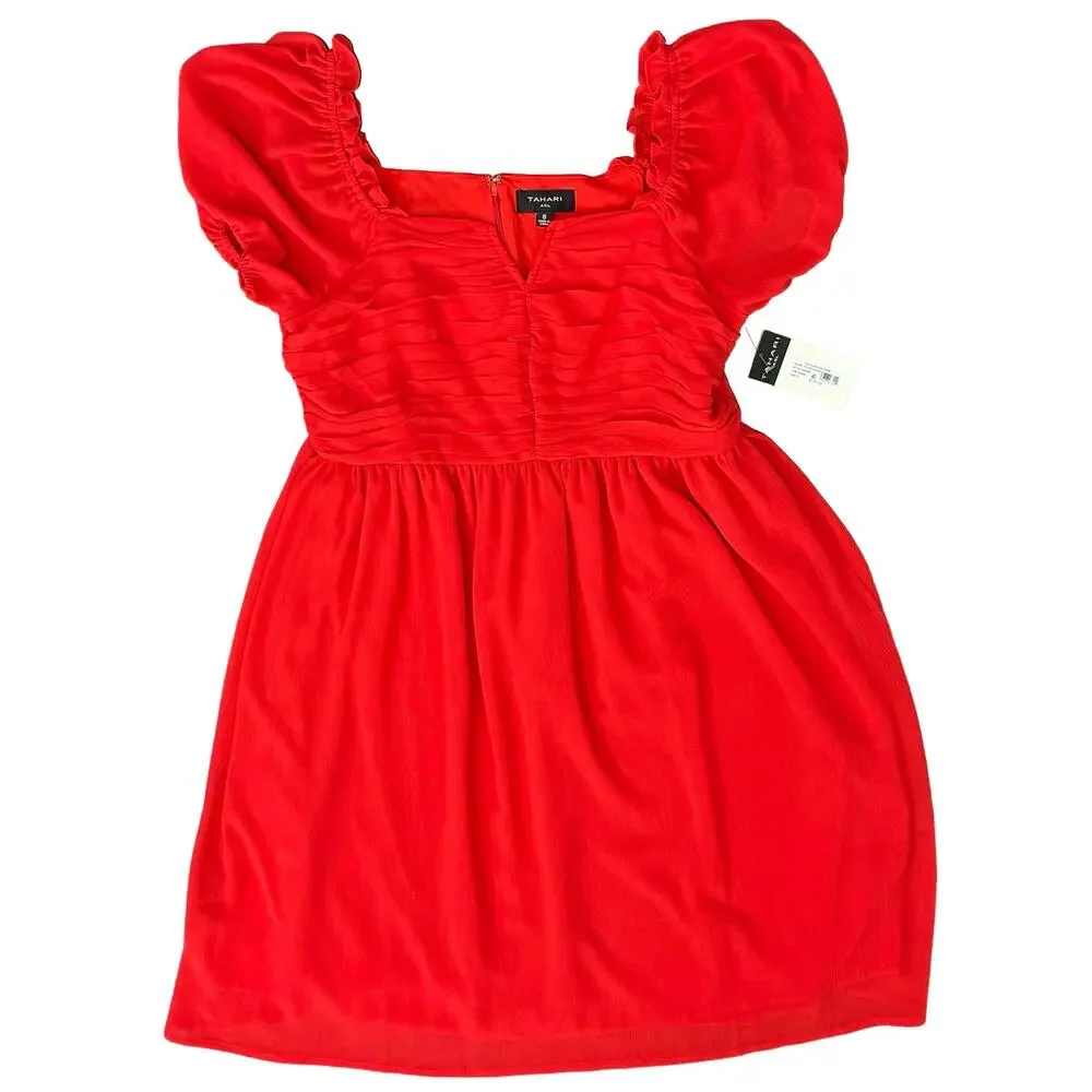 Tahari ASL Cherry Red Chiffon Short Puff Sleeve Notch Mini Dress size 8 NEW Tags - Picture 11 of 11